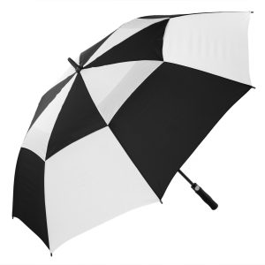 Black and white wind-resistant golf umbrella for outdoor use.