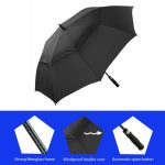 Black windproof golf umbrella with fibreglass frame and automatic open button.