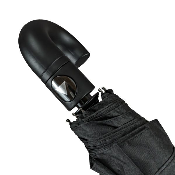 Black automatic open umbrella with compact design and protective cover.