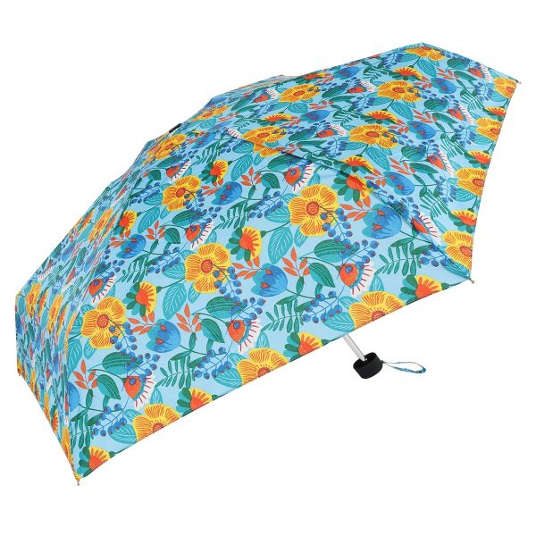 Colourful floral umbrella with yellow, blue, and orange flowers and green leaves.
