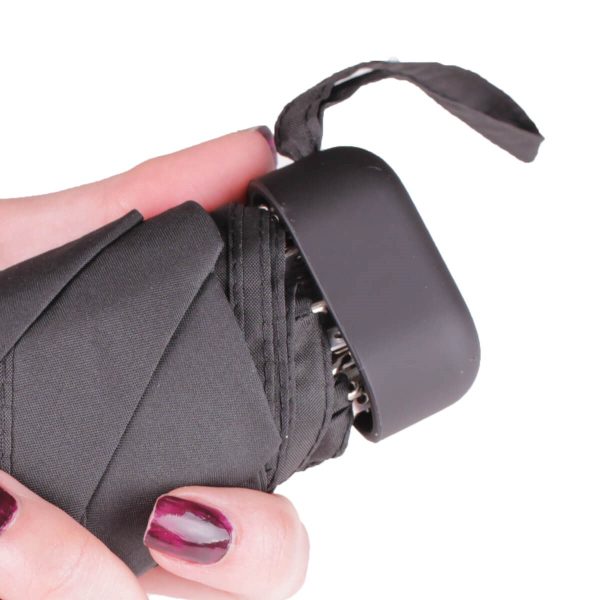 Black mini umbrella in compact case, portable and lightweight for travel.